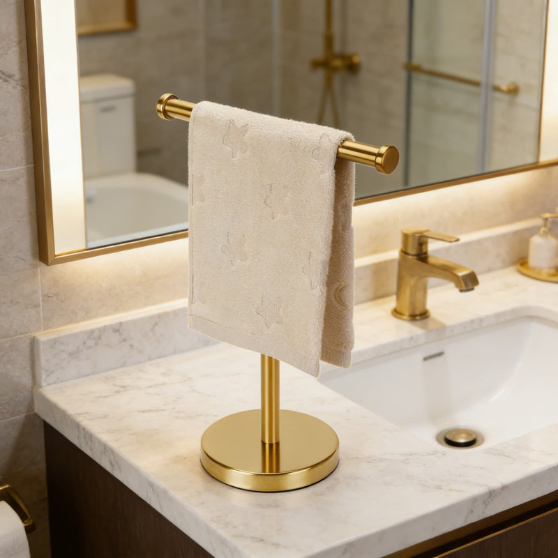 Porte-serviettes autoportant en acier inoxydable de qualité supérieure pour comptoir de salle de bain - Base lourde avec coussin en feutre, sans installation de perçage, finition dorée moderne