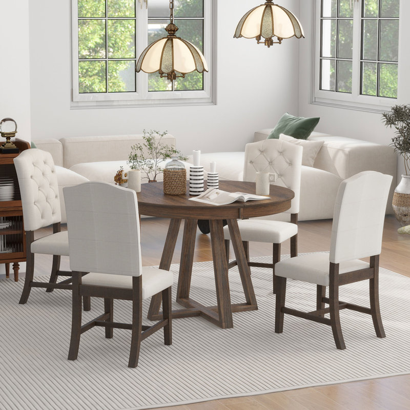 Tonecia 5-Piece Retro Style Functional Extendable Dining Set,Round Table with Leaf+4 Upholstered Chairs, Walnut
