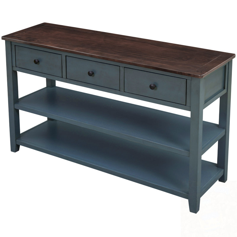 Retro Design Console Table with Two Open Shelves, Navy/Brown