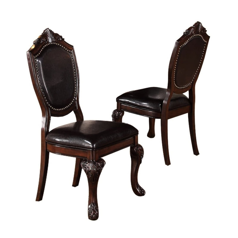 2 chaises de salle à manger traditionnelles brun, 2 pièces en bois d'hévéa avec assise rembourrée en similicuir et finition soignée