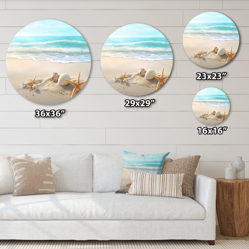 Étoile de mer et coquillages I - Paysages, art rond en métal, H 16 po x l 16 po