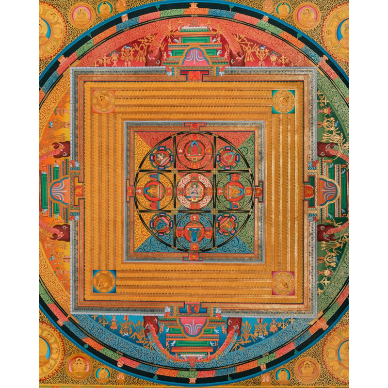 48 "Dharmadhatu Mandala Thangka peint à la main | Art mural en toile 24K or et noir | Décoration de méditation bouddhiste tibétaine