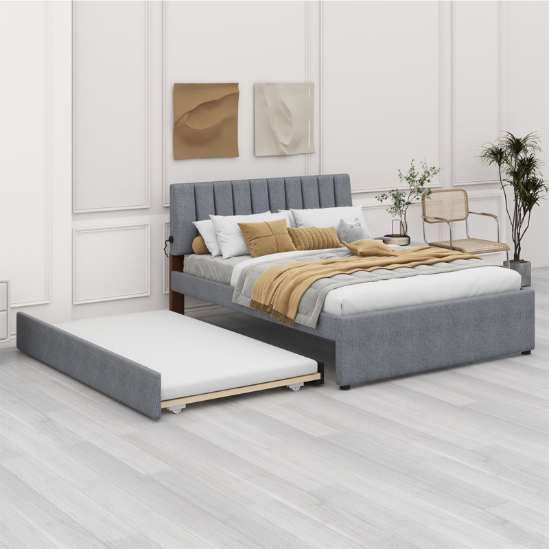 Lit plateforme tapissier avec lit gigogne, Gris