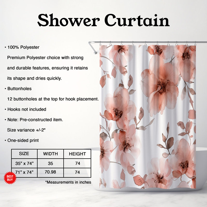 Rideau de douche standard 1 pièce Blush Floral Designs, H 74 po x l 71 po