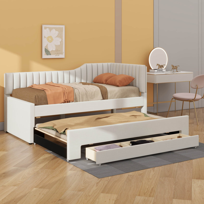 Lit de jour rembourré avec lit gigogne et trois tiroirs spacieux, Beige, Simple