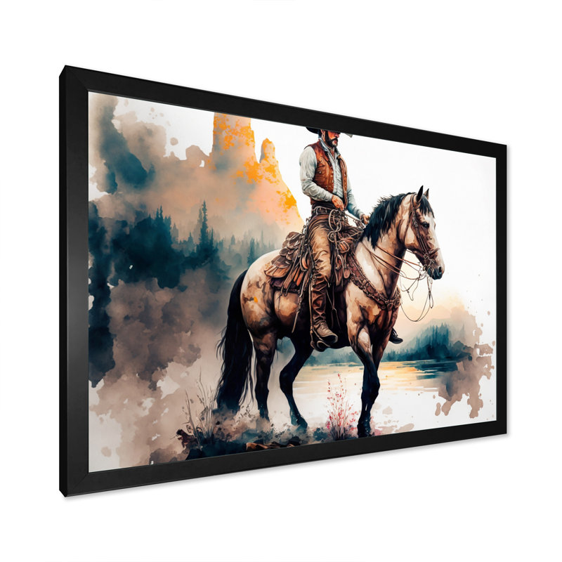 Western Cowboy Riding a Horse I - peinture sur toile, H 16 po x l 32 po x P 1 po, Impression noire sur toile encadrée