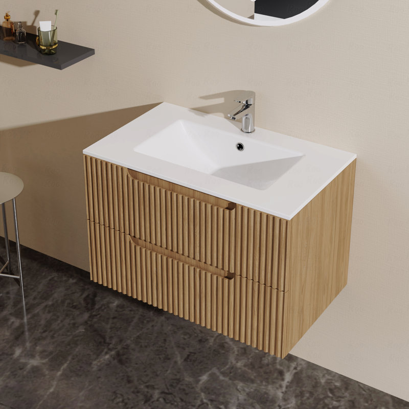 Meuble-lavabo mural 30 po avec lavabo flottant, système de fermeture en douceur, 2 grands tiroirs, lavabo non inclus