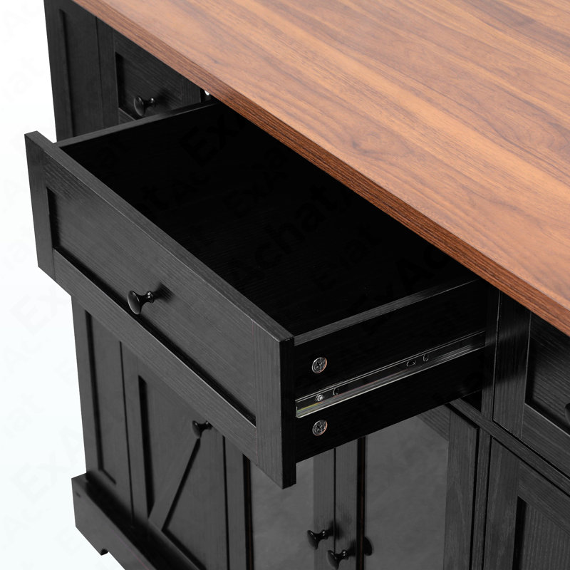 53'' Farmhouse Kitchen Island With Two Tempered Glass Cabinet Doors, Power Outlet, Rolling Kitchen Cart On Wheels With Drop Leaf, 5 Open Side Racks, 3 Drawers, For Kitchen, Dining Room, Black
