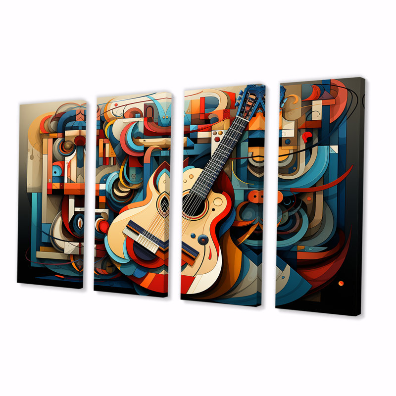 Cubique bleu et blanc, mélodie de guitare - musique, art mural 4 pièces, H 32 po x l 64 po