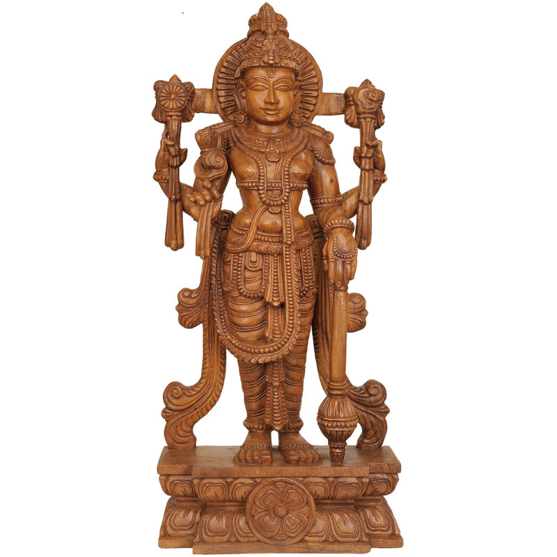 36.5 Inch Large Lord Vishnu Wood Carving Statue - Handcrafted South Indian Temple Sculpture for Home Altar, Living Room & Spiritual Home Decor