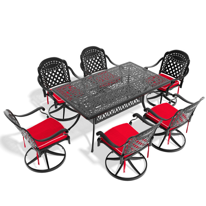 All-Weather 7 Cast Aluminum Dining - 6 Swivel Chairs & Rectangular Black Table, Attractive Carving Styles, Excellent Weather Resistance, Comfortable Seating Arrangement, 360-Degree Feature, Cushions,