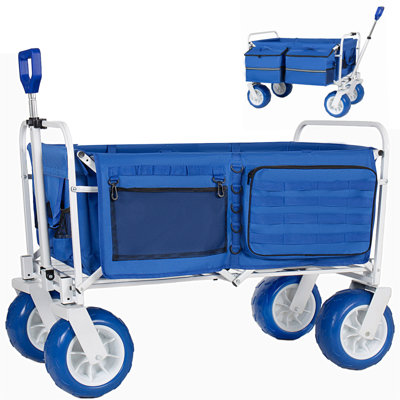 Chariot de plage, chariot pliable robuste de 500 lb, surdimensionné de 150 L, roues tout-terrain en PVC de 9 po, poignée réglable, glacière et sacs de rangement pour la plage, le camping, le jardin et les sports de plein air