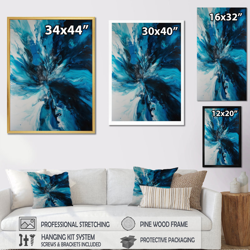 Marbre chromatique bleu et noir sur toile, Cadre flottant doré, H 44 po x l 34 po x P 1,5 po