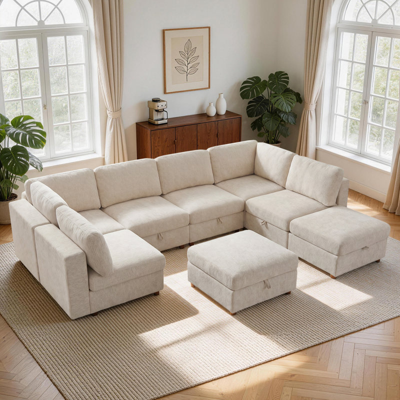 Canapé modulaire 8 pièces, canapé en U surdimensionné avec rangement caché pour les sièges, ensemble de salon convertible en chenille confortable