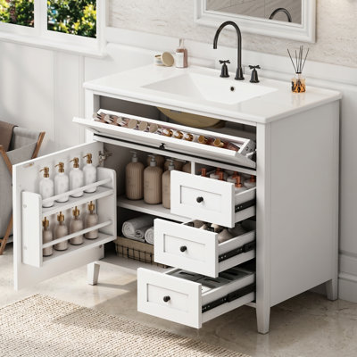 Rangement autoportant pour salle de bain 36 po avec lavabo 36 po, 3 tiroirs, tablette réglable, structure en bois d'hévéa