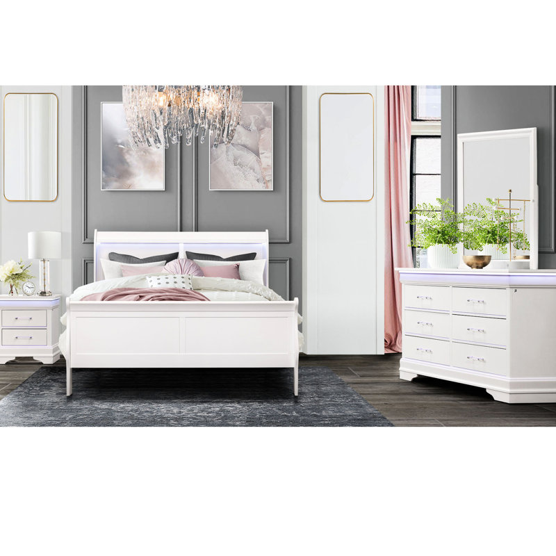 Lit double blanc, lit à DEL, style moderne, bois massif et style pour une chambre lumineuse, finition, +, 56,63 po de profondeur, 86,93 de largeur, 46,48 de hauteur