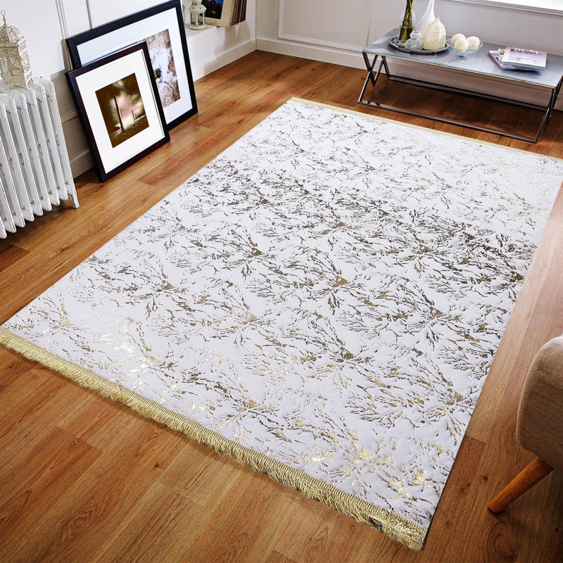 Tapis blanc en peluche à motif floral doré, Rectangle 7 pi 6 po x 2 pi