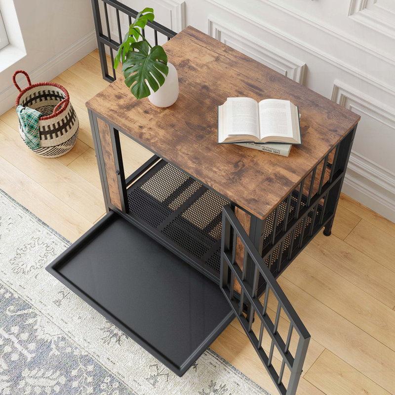Meuble de cage pour chien avec 2 portes coulissantes et cadre de porte en fer épais - brun rustique