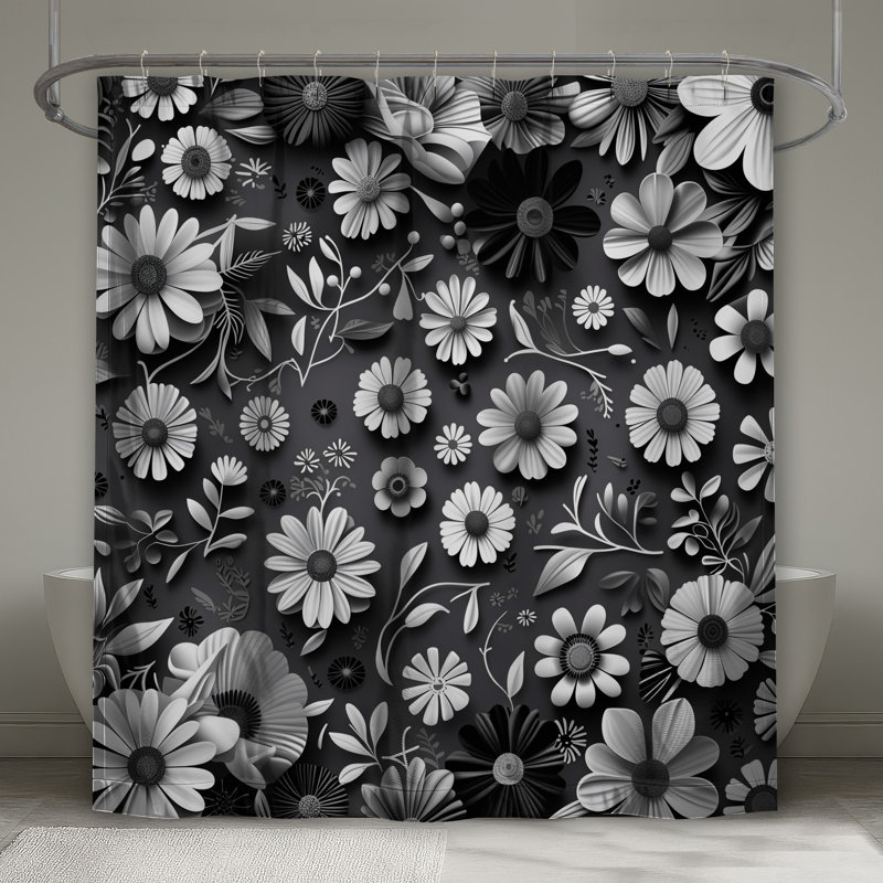 Rideau de douche BlackWhiteFloral - Floral Modern Decor, 70 po L x 93 po H