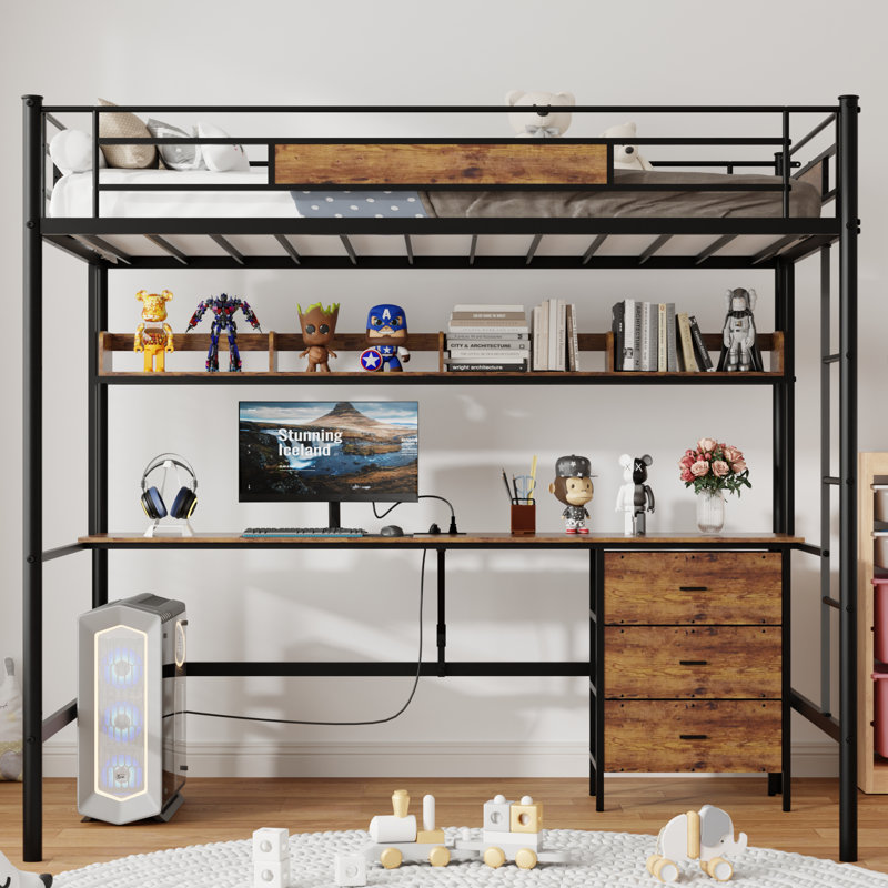Loft Bed Twin Size With L-Shaped Desk, Charging Station, Twin Metal Loft Bed Frame With Fabric Drawers & Shelve,  Safety Guardrail, No Box Spring Needed