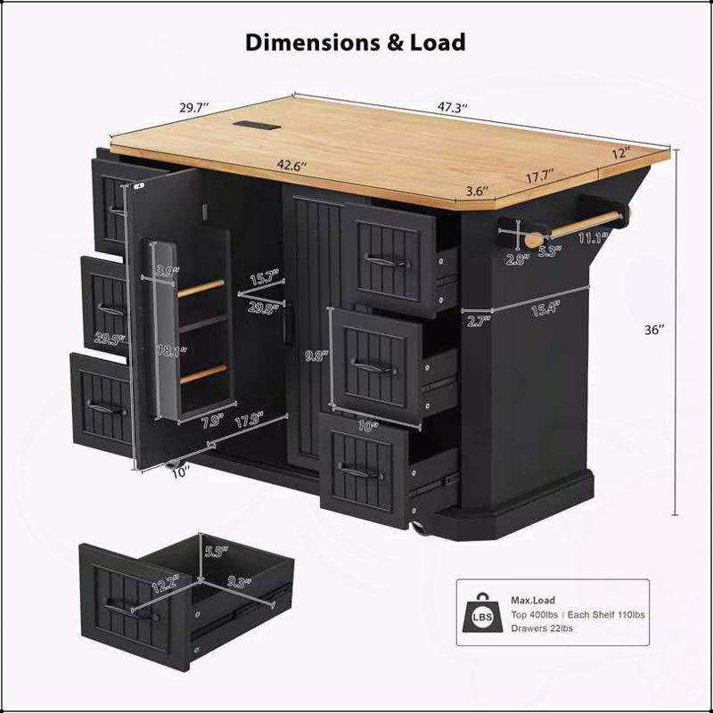 Versatile Rolling Kitchen Island with Multiple Storage Options and Modern Design, Black