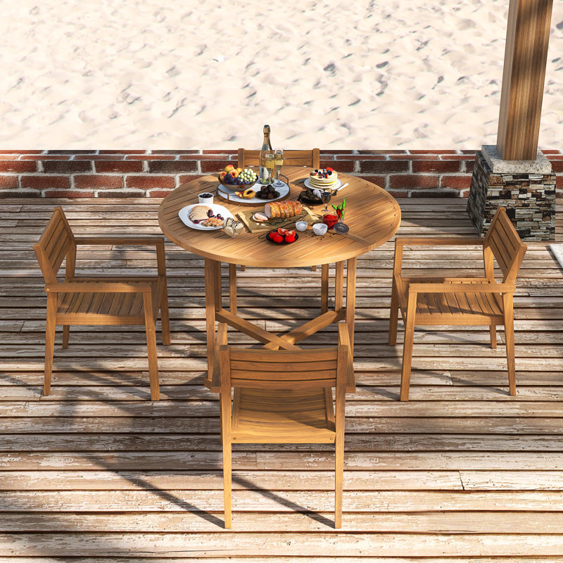 Ensemble de salle à manger 5 pièces pour l'extérieur avec 4 chaises en bois d'acacia naturel Table Table de salle à manger ronde de 47,2 po à lattes ｜ Idéal pour les patios, les jardins, les bords de piscine et les pelouses et à l'intérieur resistance Résistant aux intempéries