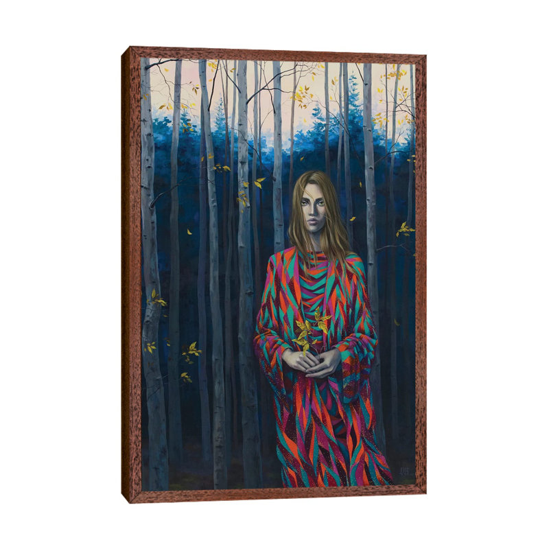 Blue Forest Wanderer by Vasilisa Romanenko - Painting on Canvas, 66.04cm H x 45.72cm W x 3.81cm D, Classic Brown Wood Framed