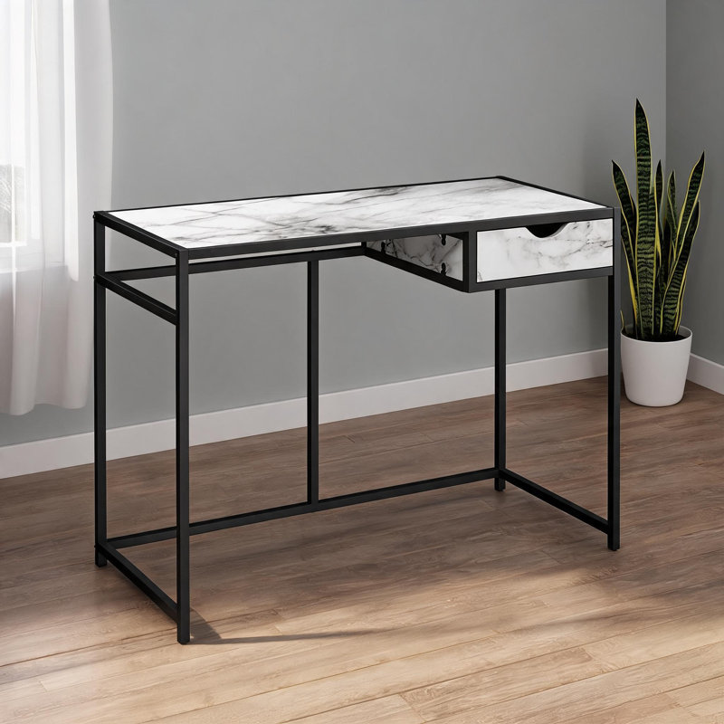 Bureau d'ordinateur blanc à aspect marbre avec tiroir de rangement, structure en métal noir, poste de travail compact de 42 pouces