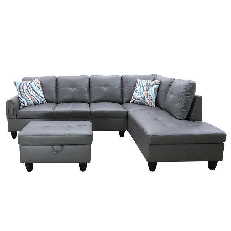 Faux 3-piece Leather Corner Sectional, Gray Faux Leather, Right Hand Facing