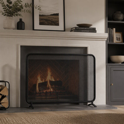 Freestanding Single‑Panel Black Metal Fireplace Screen, Heavy‑Duty Iron Mesh Spark Guard for Indoor Wood Burning Fireplaces, 38" L x 32" H
