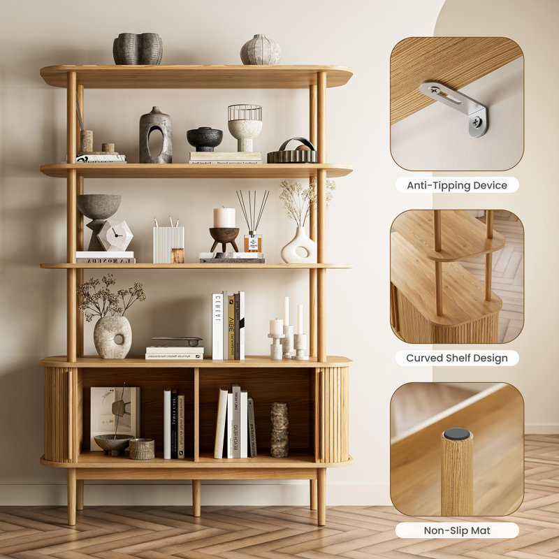 Bookcase With Curved Storage Cabinet, 4-tier Bookshelf With Sliding Door