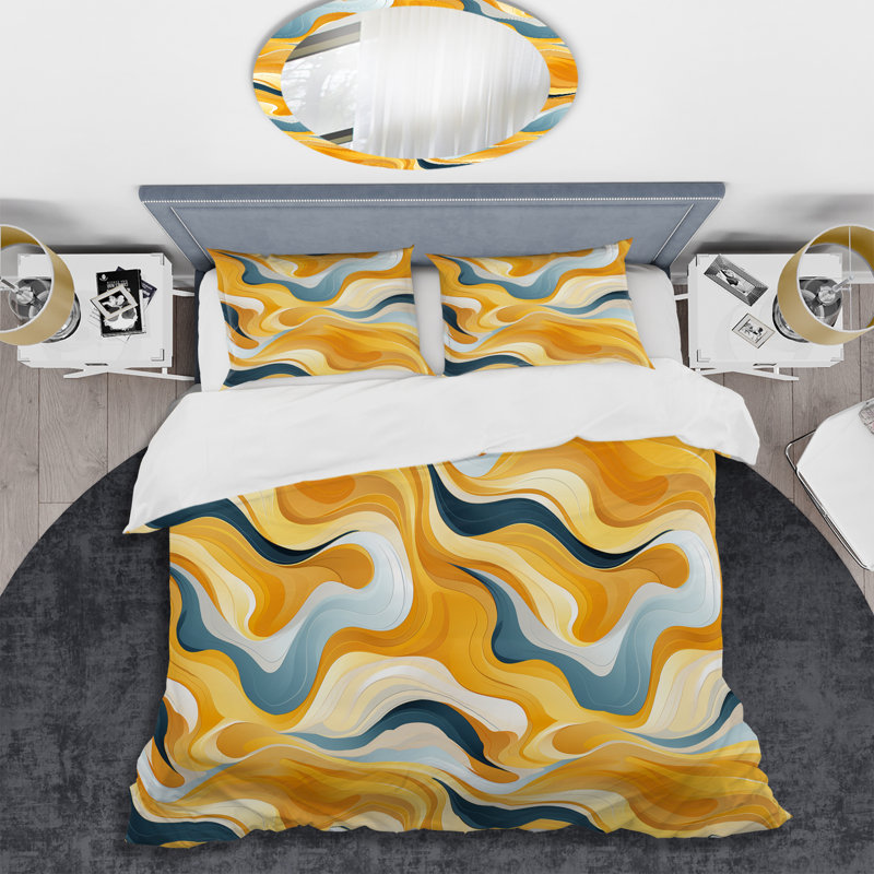 Ensemble de housse de couette abstrait jaune et blanc Mid-Century Waves Fusion I - microfibre de polyester