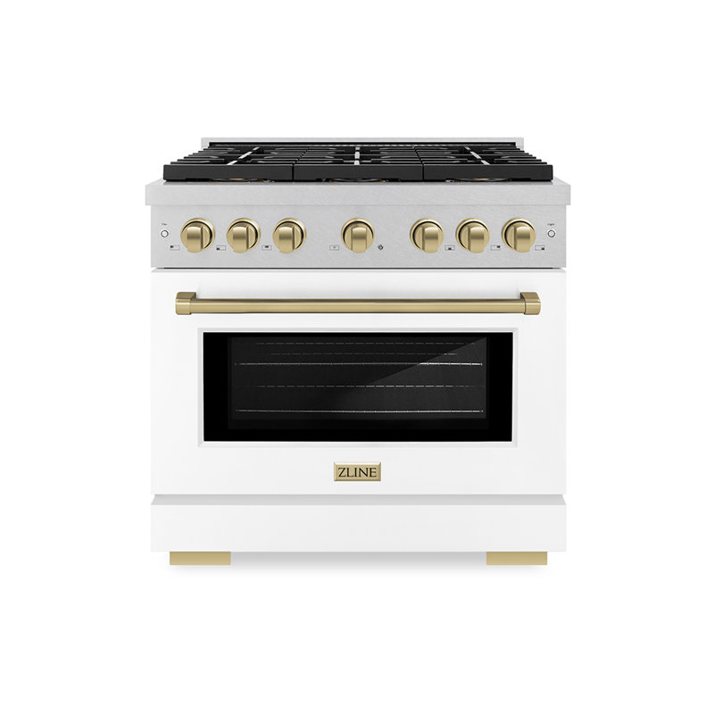 ZLINE Autograph Edition 36 in. 5.2 cu. ft. Paramount Dual Fuel Range W/ 6 Burner DuoPro Cooktop and Electric Convection Oven in Satin Stainless Steel W/ White Matte Door and Champagne Bronze Accents