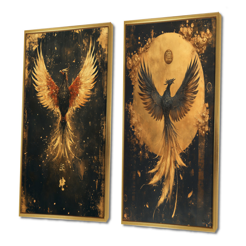«Phoenix Emblem I - Phoenix Wall Art», ensemble de 2 pièces, Cadre flottant doré, H 40 po x l 40 po