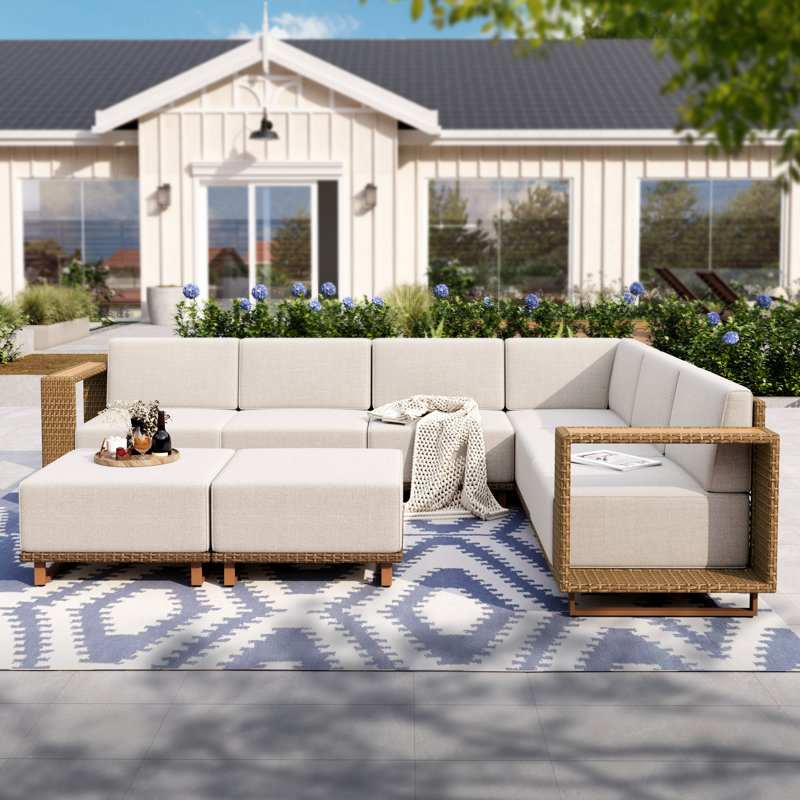 Beige L-Shaped Modular Outdoor Sectional Sofa Wicker Patio Furniture Set with Ottomans. Features 9.8-Inch Ultra-Thick Cushions and Wide Armrests, Perfect for Garden, Poolside, and Backyard