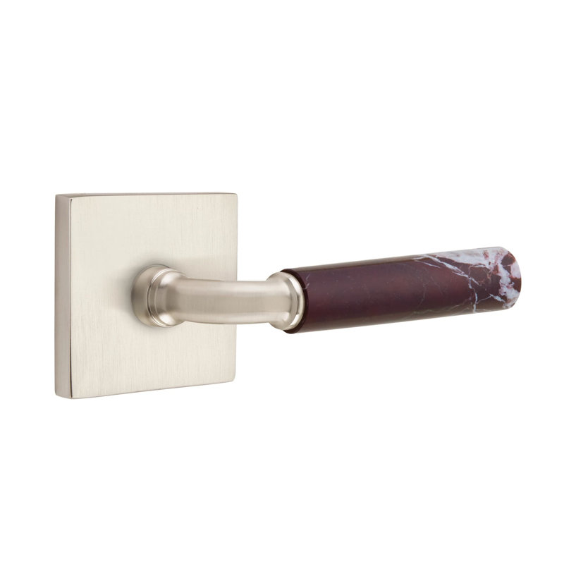 Emtek Select Passage Leverset w/ Square Rosette & R-Bar Stem, Rosso Levanto Marble Lever (CF), Satin Nickel