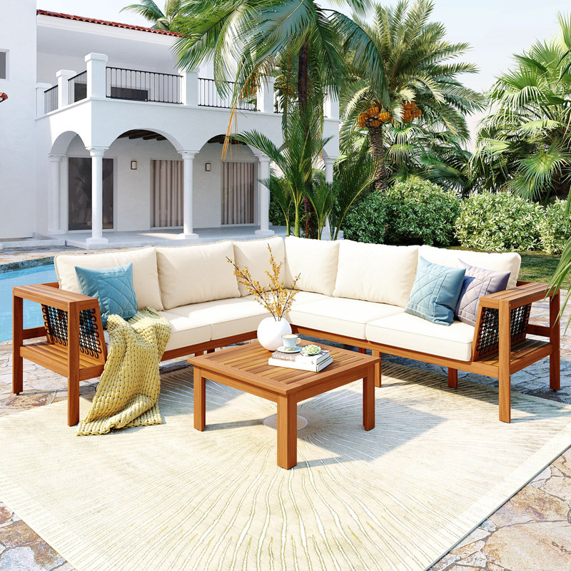 4 Pieces Outdoor Sectional Set with Soft Cuhsion and Coffee Table, Beige