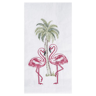 Serviette de cuisine en coton brodé Flamingo