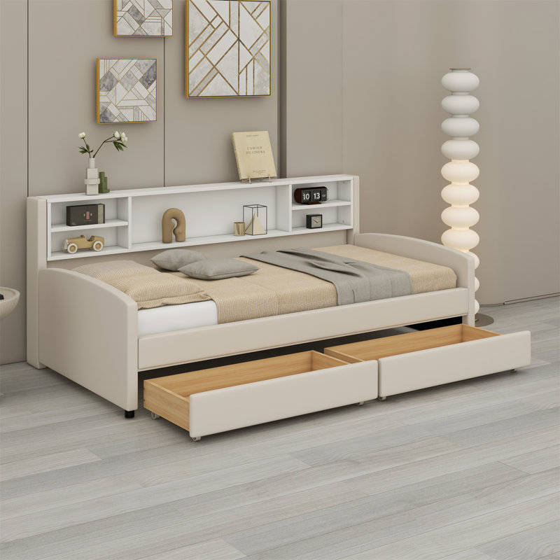 Upholstered Platform Bed With Storage And Drawers, Beige