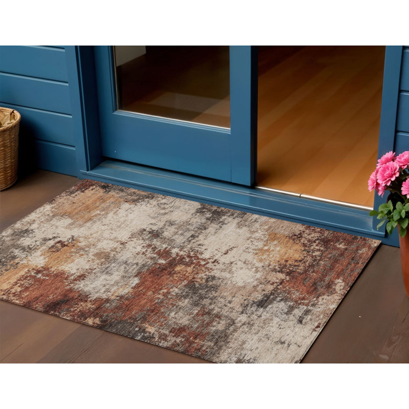 Tapis extérieur lavable abstrait rouille et beige 3 pi x 5 pi