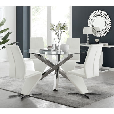Vogo Modern Design Chrome and Glass Dining Table Set with 4 Modern Design Faux Leather Dining Chairs