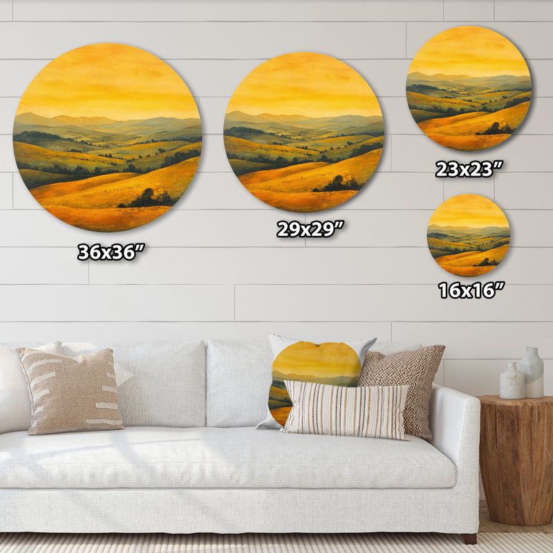 «Countryside Golden Hour Over The Hills I», impression sur métal jaune campagne, H 29 po x l 29 po