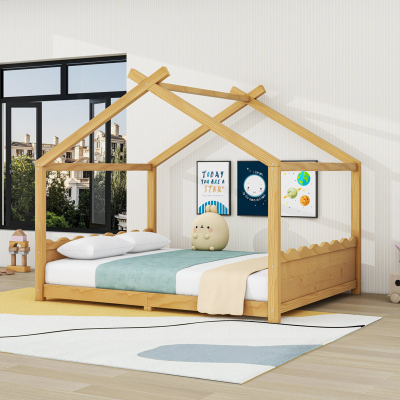 Wood House Floor Bed With Slats, Natural, Queen