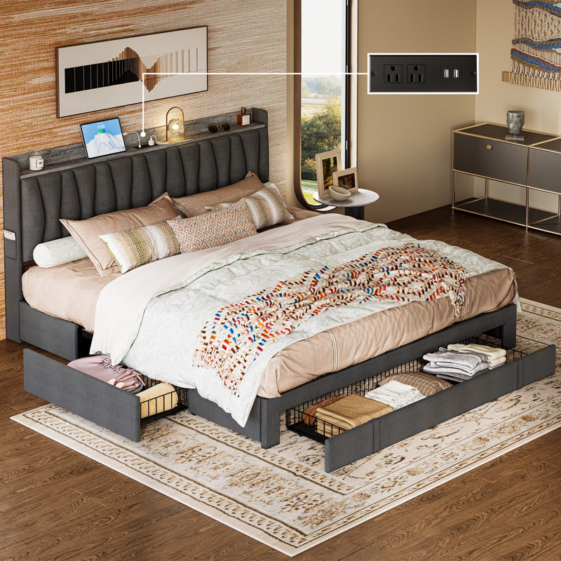 King Gray Linen Upholstered Bed Frame with Storage Drawers
