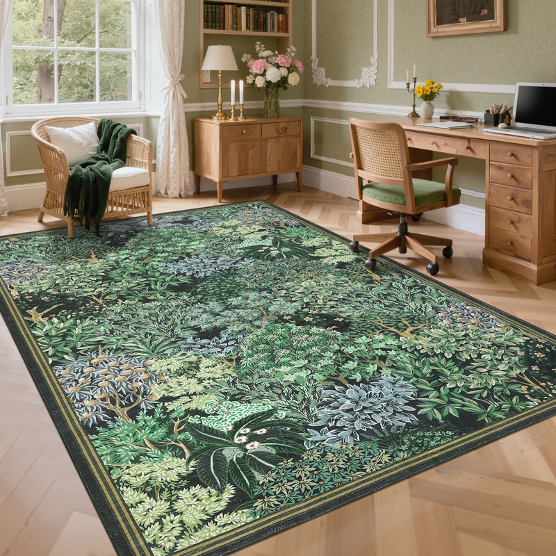 Botanical Forest Area Rug for Living Room, Washable Jungle Soft Low Pile Floor Cover, Non Slip Stain Resistant Carpet, Purple
