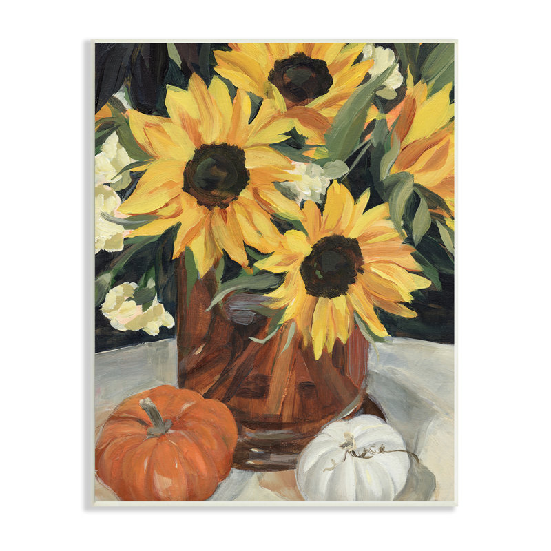 Vase de tournesol rustique et citrouille, Bois, H 15 po x l 10 po