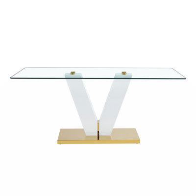 Large Modern Minimalist Rectangular Glass Dining Table For 4-8 People With 0.39Tempered Glass Tabletop And MDF Slab V Shaped Bracket,For Kitchen Din by Mercer41