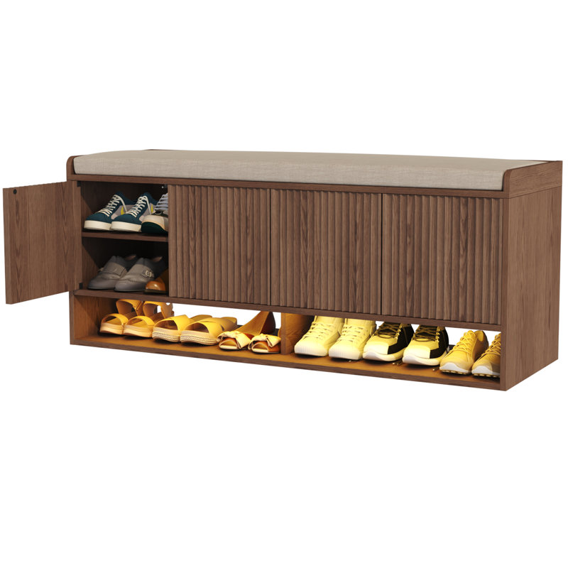 47.24''w Fluted Entryway Shoe Storage Bench With 4 Doors And Adjustable Shelf, Walnut