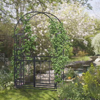 45 x 19.75 x 81 in Steel Garden Arbor with Double Doors Locking Gate, Climbing Vine Frame Heart Motifs Grey