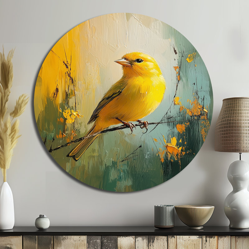 Juila - reproduction d'art moderne en métal jaune, oiseau rond, décoration murale en métal, H 36 po x l 36 po